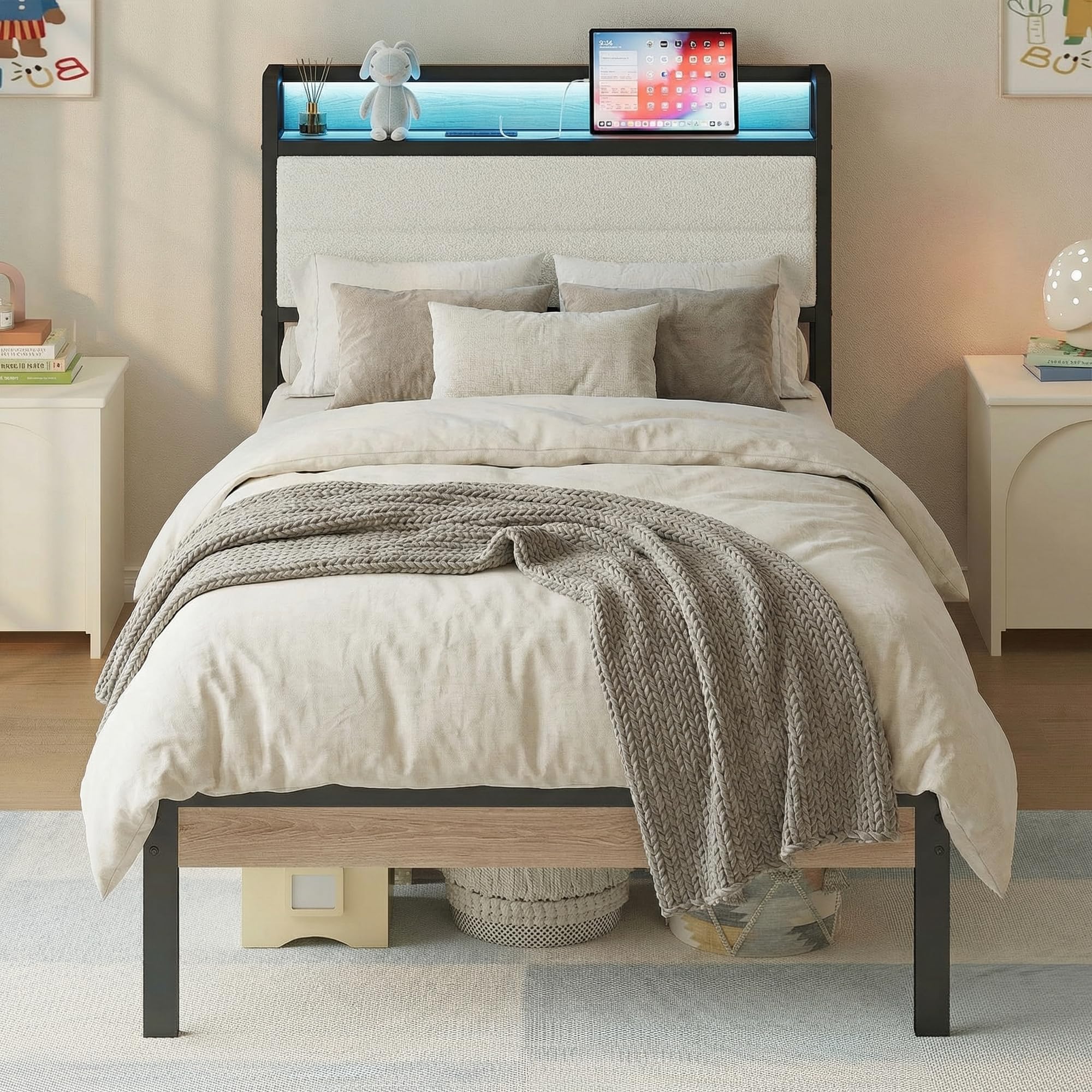 LIKIMIO Twin Bed Frame with Headboard, LED Lights and Charging Station