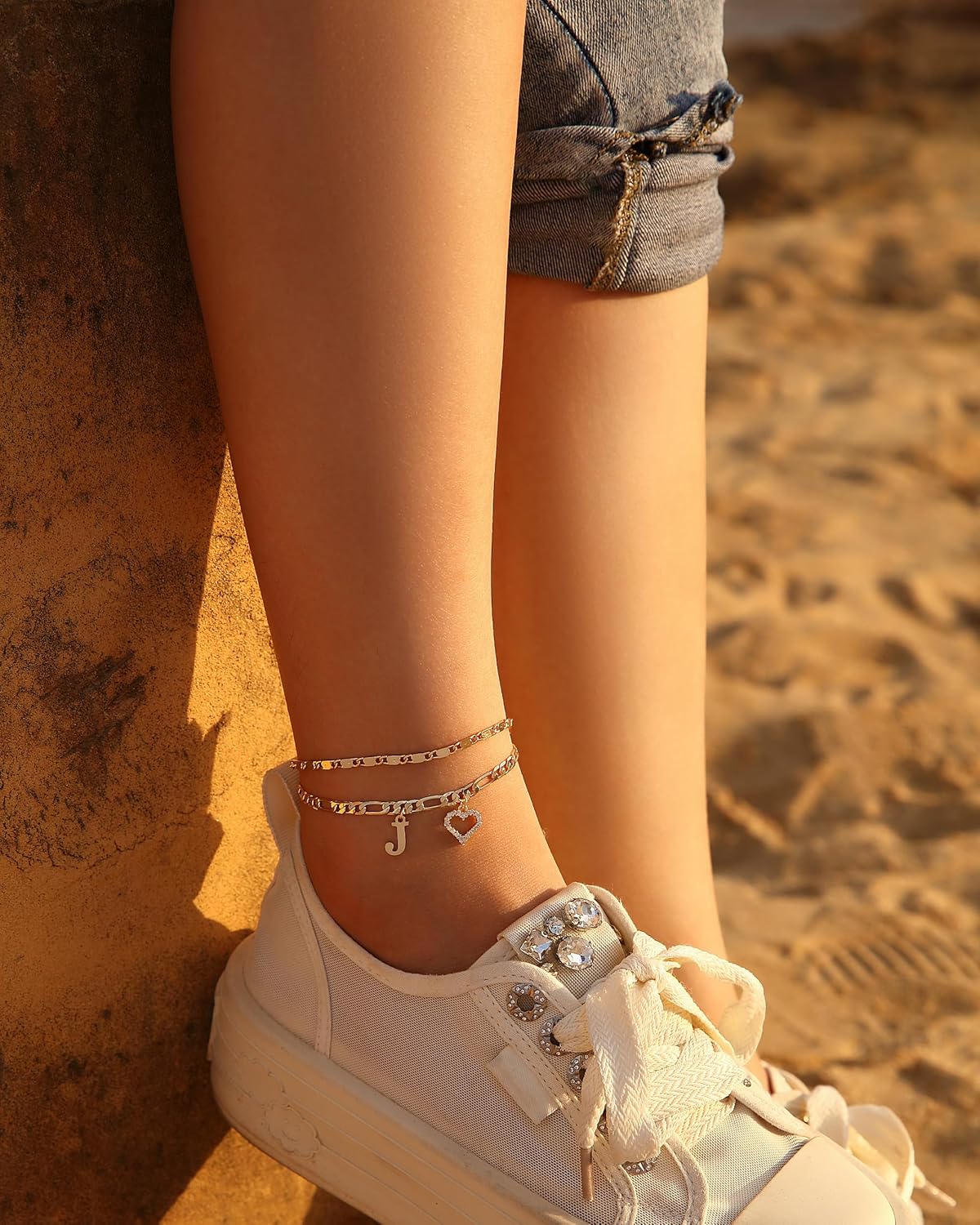 Initial Ankle Bracelets for Women Waterproof 14K Gold Plated Dainty Layered Figaro Chain Letter Initial CZ Heart Ankle Bracelets Set Summer Beach Jewelry for Women - Image 3