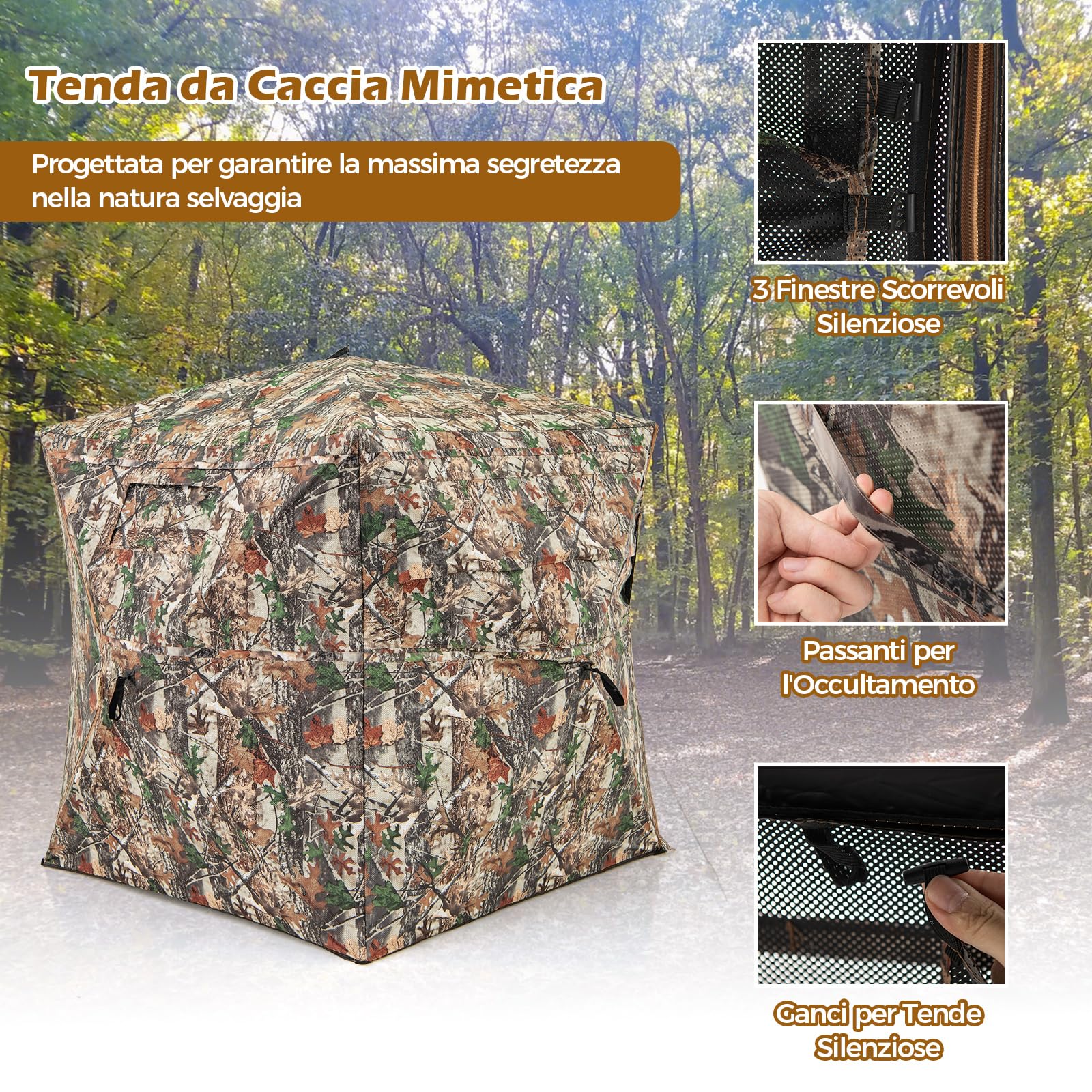 COSTWAY Tenda da Caccia per 2-3 Persone, Tenda Mimetica a Visione a 360° per Caccia, Tenda Pop-Up Camouflage con Borsa da Trasporto, Apribile Completamente da 1 Lato, 148 x 148 x 170 cm