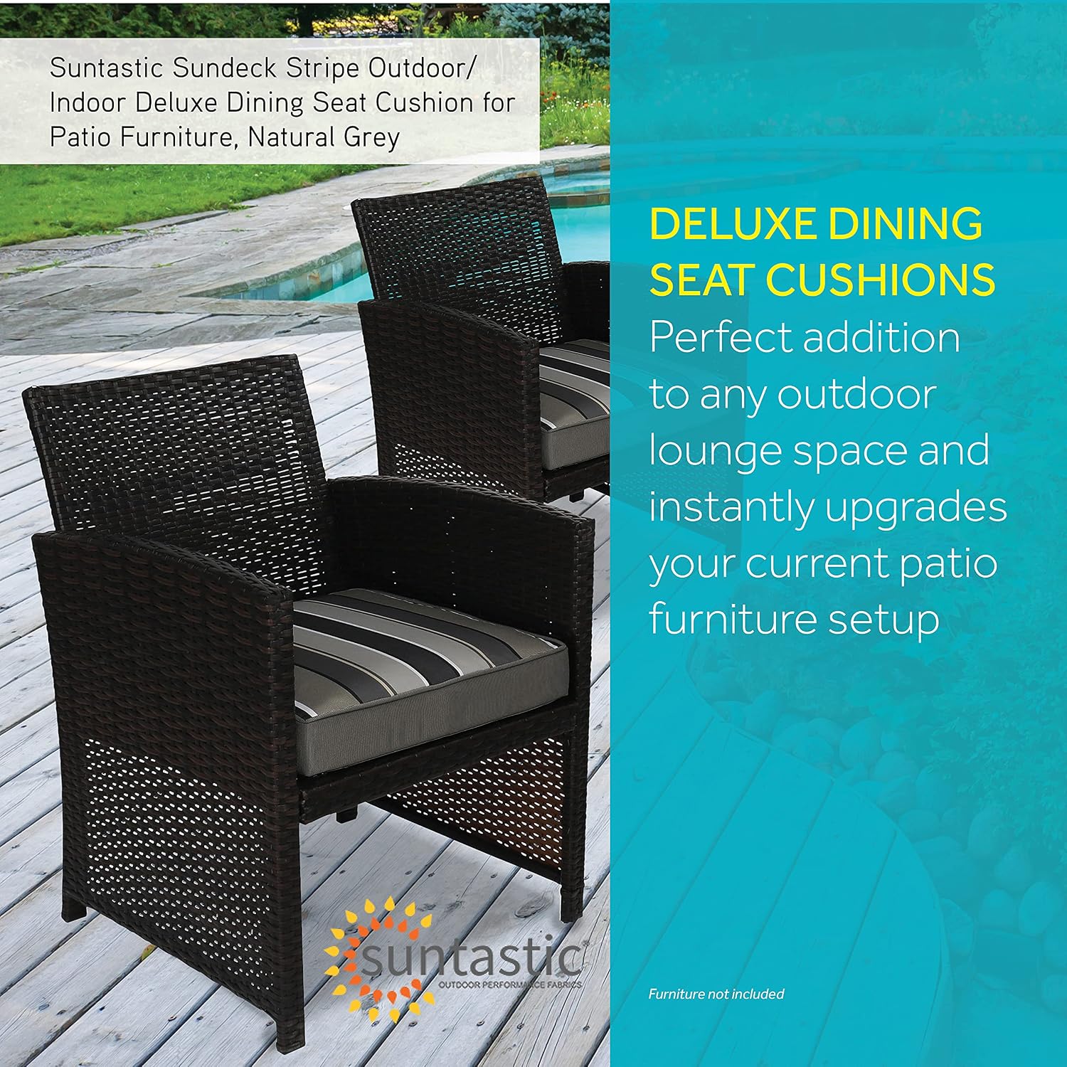 Suntastic Sundeck Stripe Outdoor/Indoor Deluxe Dining Seat Cushion for Patio Furniture, 18" x 19" x 3", Natural Grey (2 Pack)