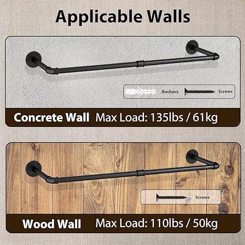 Miniatura 7 de Percheros de ropa para montaje en pared, 38.4 pulgadas, perchero industrial para ropa, 1 juego + 2 juegos, percheros colgantes resistentes