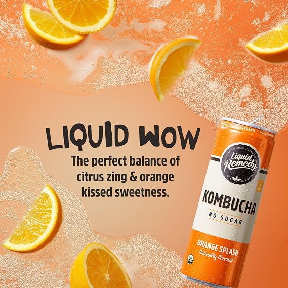 Liquid Remedy Kombucha Sugar Free Organic Drink, Low Calorie, Probiotic Like Tea for Gut Health - Orange Splash - 12 Fl Oz Can, 4-Pack