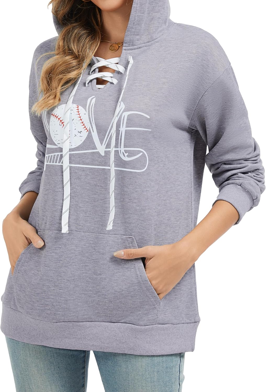 Women's V Neck Long Sleeve Baseball Hoodie Sweatshirt Pullover Loose Mom Shirt - Image 4