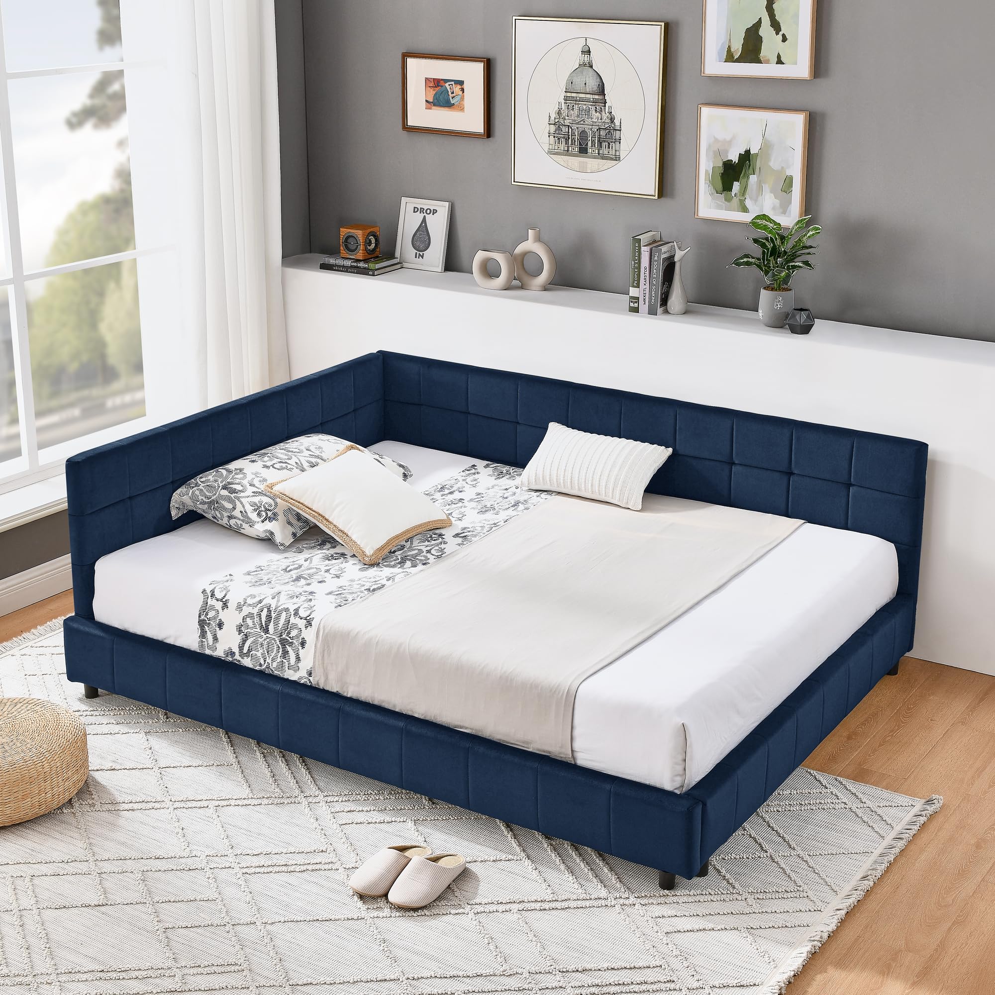 Bellemave Full Size Corner Bed Frame with Comfortable Backrest and Armrests, Velvet Tufted Corner Bed Frame Full Size, Upholstered Daybed for Bedroom,