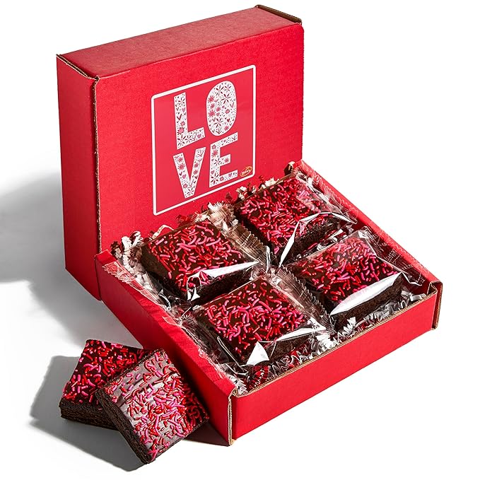 Chocolate Brownies [4 Count], Valentines Day Food Gifts, Brownies Individually Wrapped Topped with Pink & Red Sprinkles | Kosher, Dairy-Free & Nut-Free | Stern’s Bakery