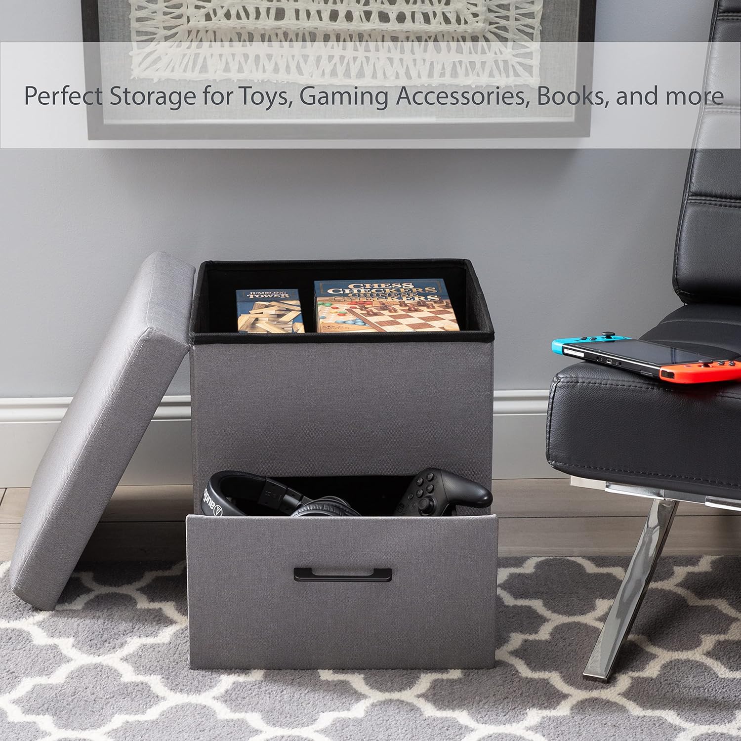 Simplify Collapsible Storage Ottoman with Drawer | Hidden Storage | Toys and Games Organization | Footrest | Seating | Perfect for Bedroom and Dorms | Grey