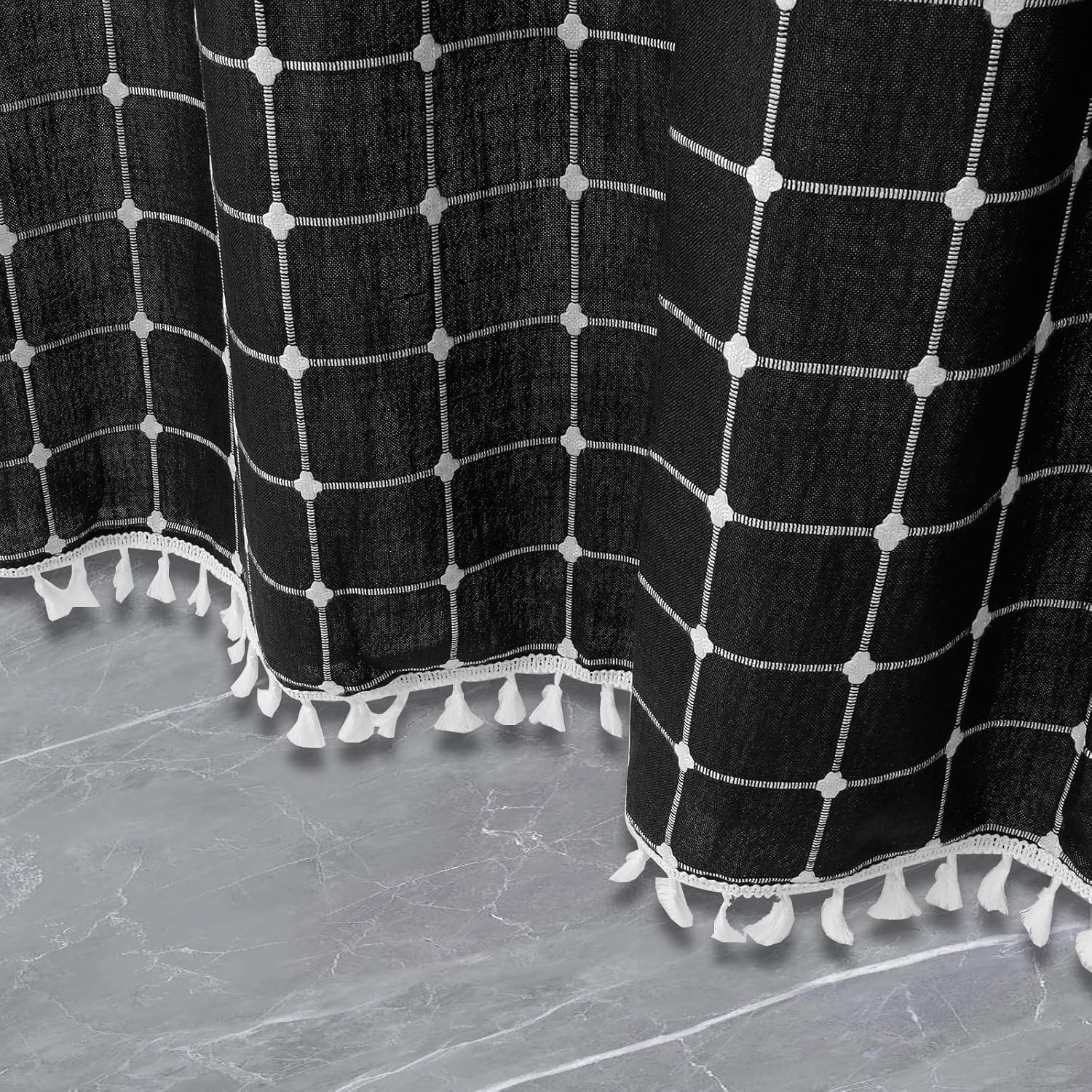 Boho Farmhouse No Hook Shower Curtain Set with Snap-in Fabric Liner,Water-Repellent,Rustic Neutral Bathroom Decor with Tassels and Magnets,Black and White,72x72