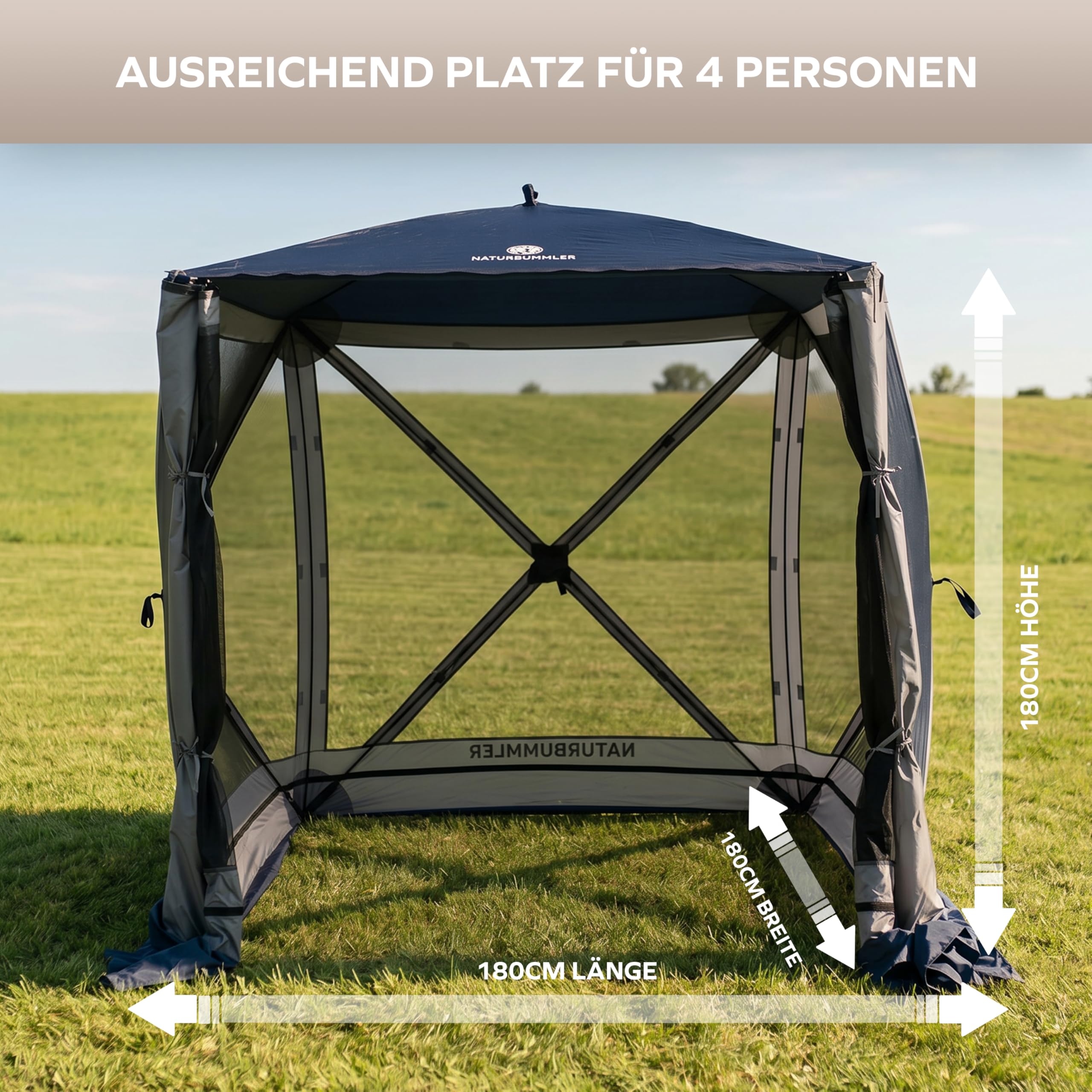 NATURBUMMLER Pavillon faltbar [CampBase L] Faltpavillon 1,80 x 1,80m mit Pop Up System für bis zu 4 Personen (Schnellaufbau in Minuten) Camping Pavillon wasserdicht mit UV-Schutz & Moskitonetz