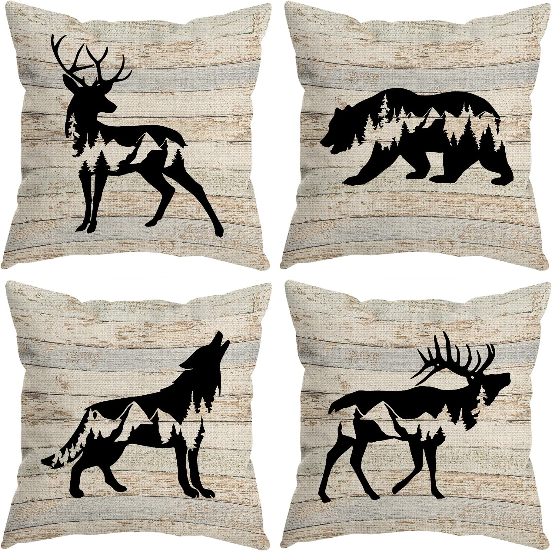 Wildlife Animal Bear Deer Elk Wolf Forest Decorative Throw Pillow Cover, Wild Animal Gifts for Women Men Boys, Forest Woodland Adventure Pillow Case 18 x 18 Inch RV Bed Sofa Decor Set of 4