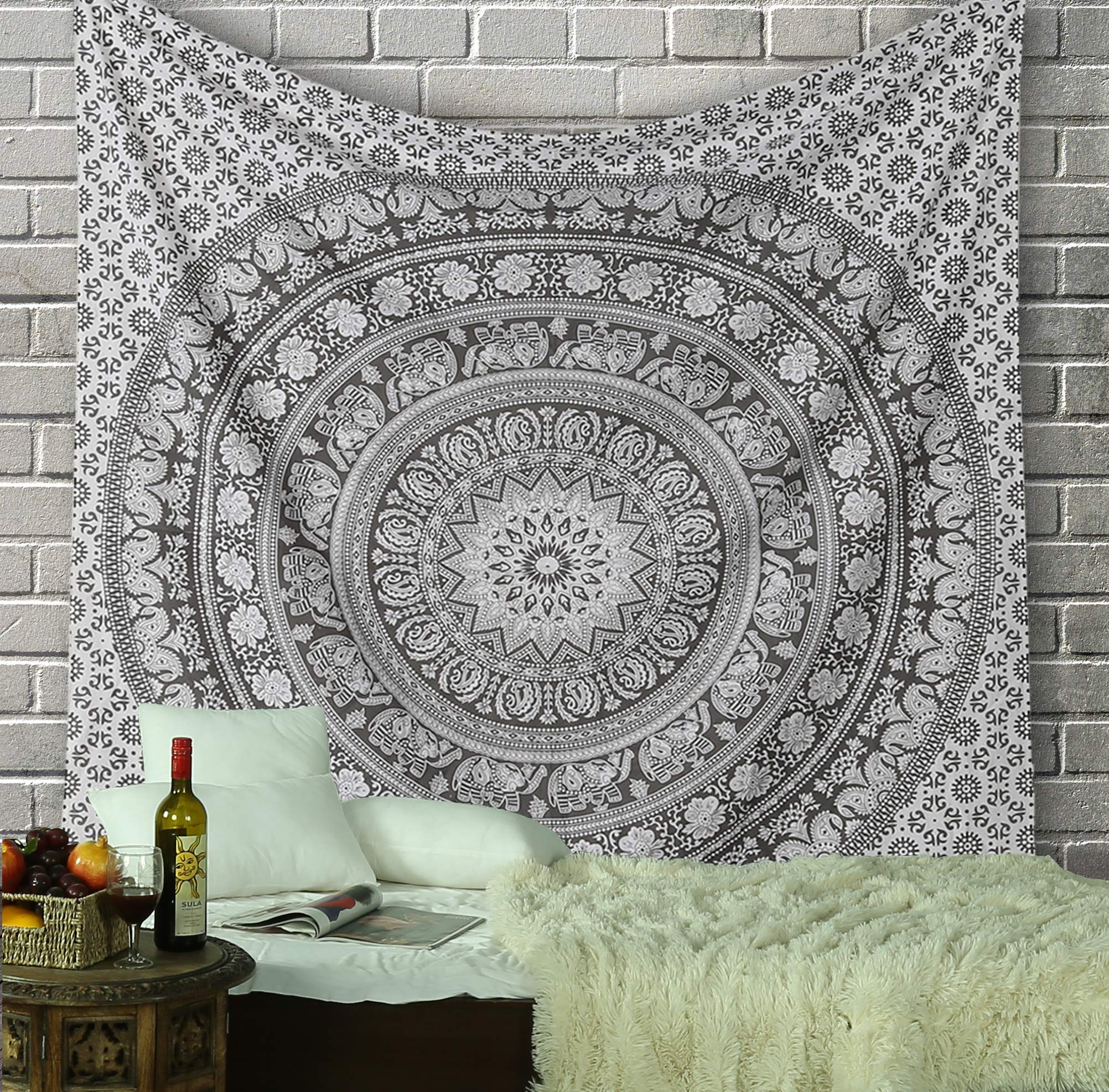 RAJRANG Elephant Mandala Tapestry Cotton Wall Hanging Hippy Tapestries Hippie Beach Throw College Dorm Decor Bohemian Boho Bedsheet - Grey - King