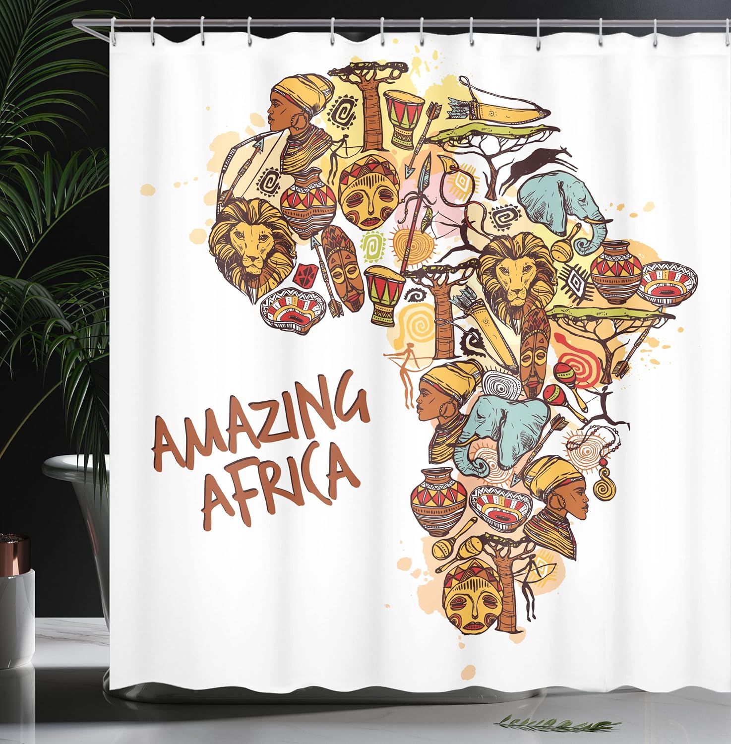 Ambesonne African Shower Curtain, Map with Native Objects and Mammals Graphic Travel Theme, Cloth Fabric Bathroom Decor Set with Hooks, 69" W x 84" L, Cinnamon Yellow