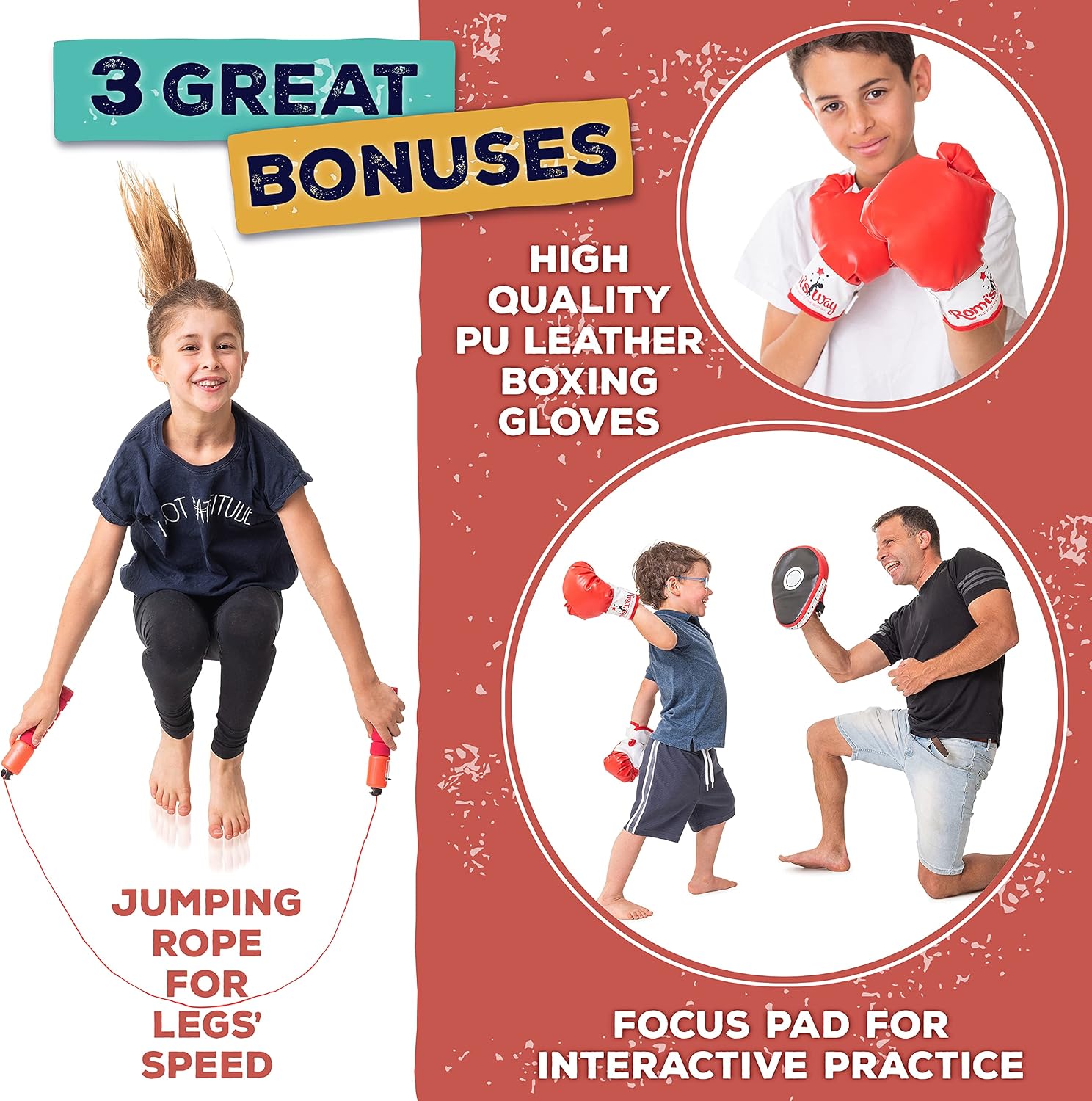 Romi's Way Punching Bag for Kids with Adjustable Stand - Boxing Equipment Set with Kid boxing Gloves, Jump Rope, Interactive Focus Pad, Air Pump- Birthday Sports Gifts for Age 3-8 Year Old Boys &Girls