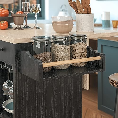 Miniatura 8 de IRONCK Carrito de isla de cocina rodante con hojas caídas y estante para vino, carrito de servir con ruedas para microondas con cajón y estantes,