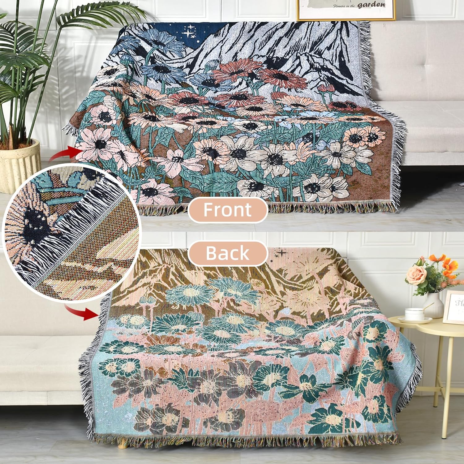 Boho Throw Blanket Reversible Cotton Bohemian Tapestry Hippie Room Decor Double Sided (Boho Flower Dark 50"x60") - Image 3