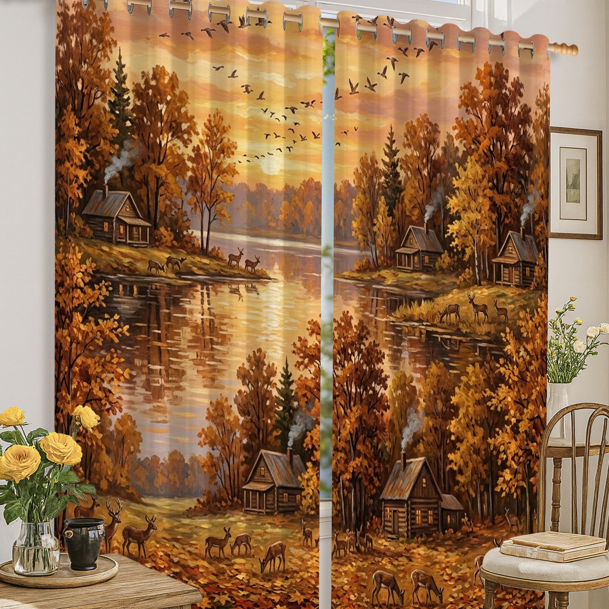 Rideaux occultants cascade et forêt orange, tenture de cuisine infroissable 132x160 cm