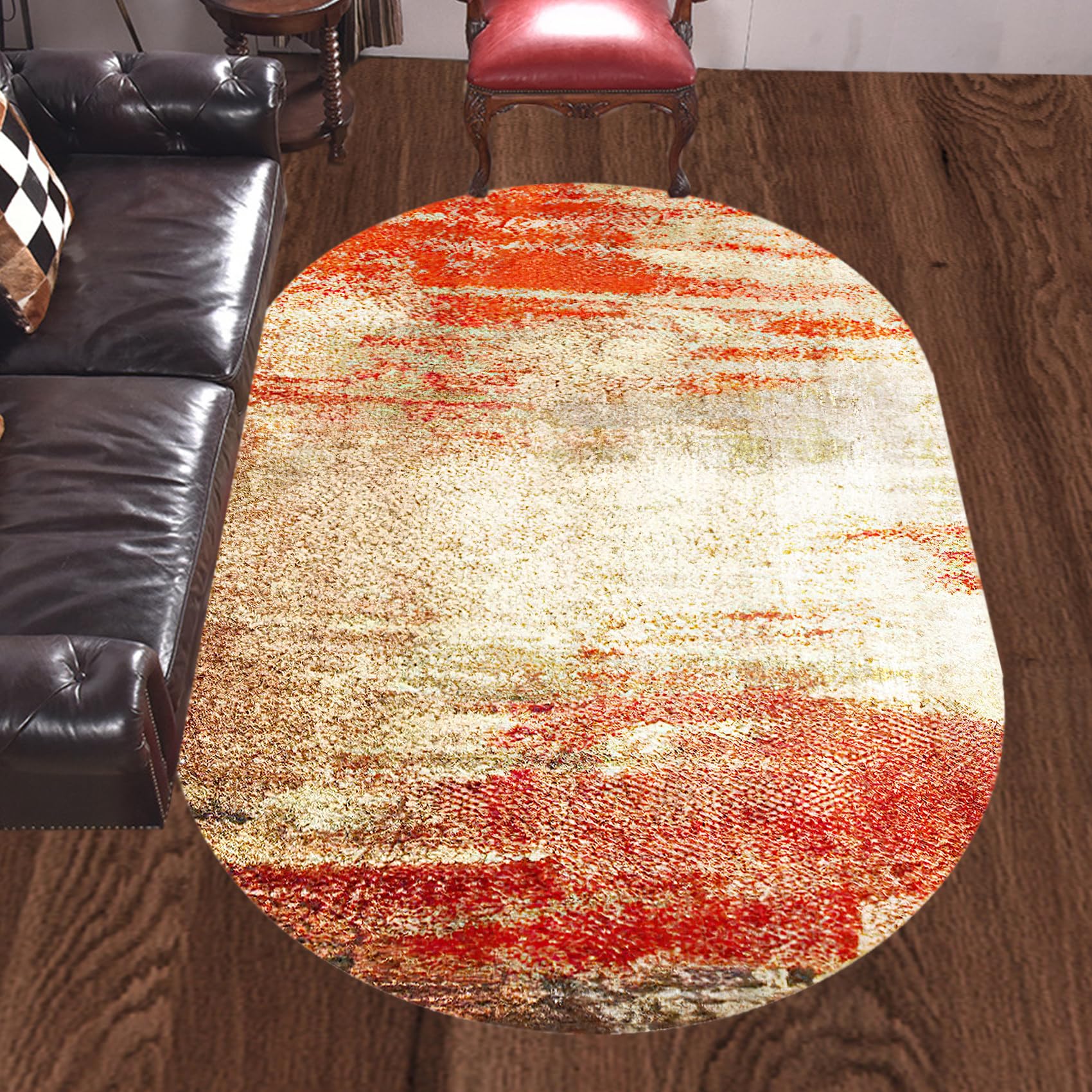 Tapis ovale moderne rouge et orange pour réchauffer le salon