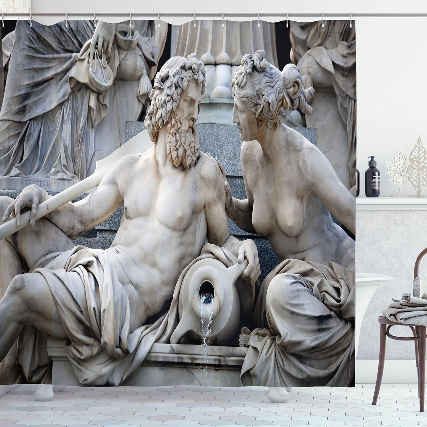 Ambesonne Retro Shower Curtain, Male Female Athena Fountain and Building of Austrian Parliament, Cloth Fabric Bathroom Decor Set with Hooks, 69" W x 75" L, Black and White