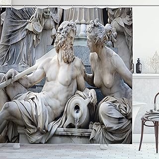 Ambesonne Retro Shower Curtain, Male Female Athena Fountain and Building of Austrian Parliament, Cloth Fabric Bathroom Decor Set with Hooks, 69" W x 70" L, Black and White