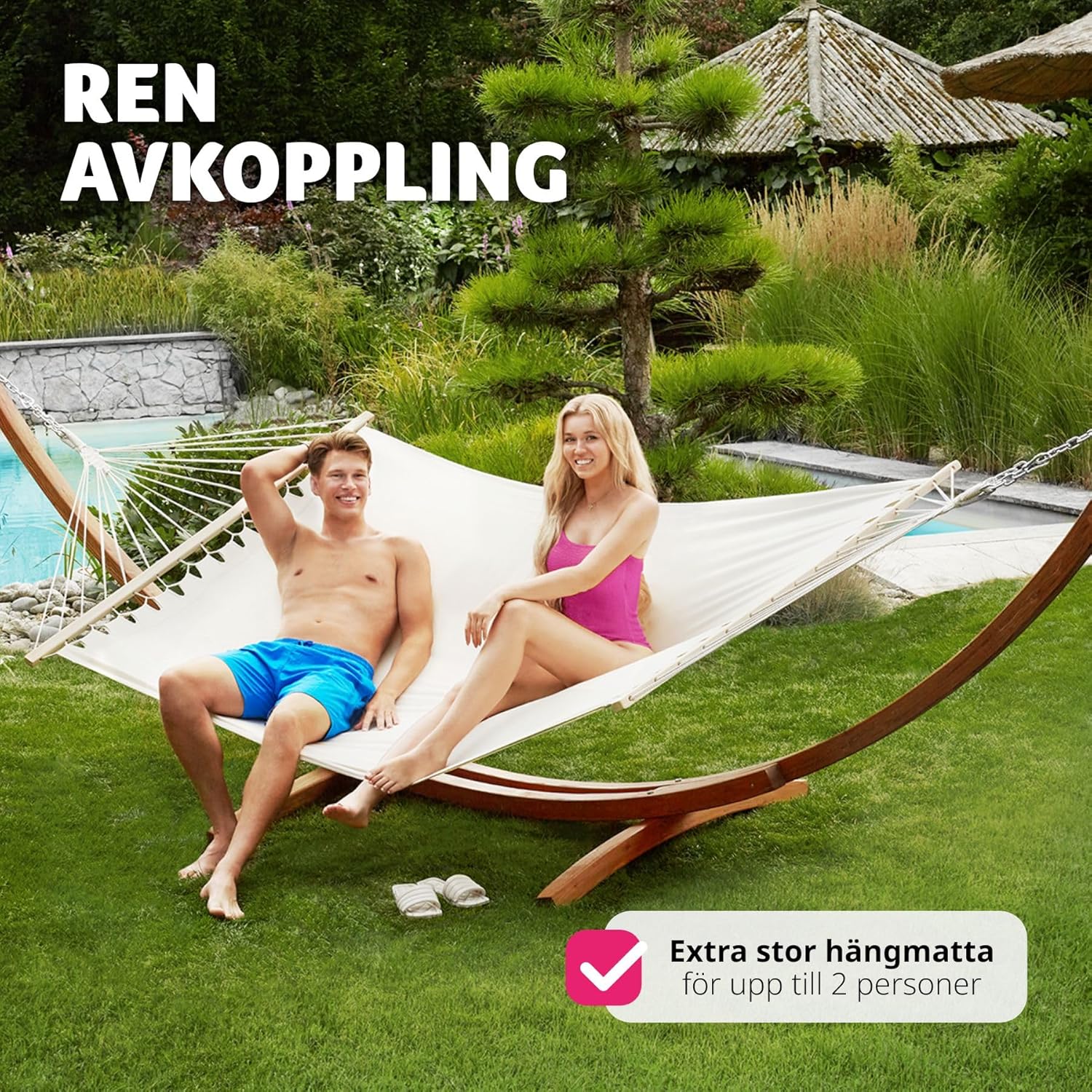 Image showing two people relaxing comfortably in the tectake Thorsten Double Hammock in a garden setting.