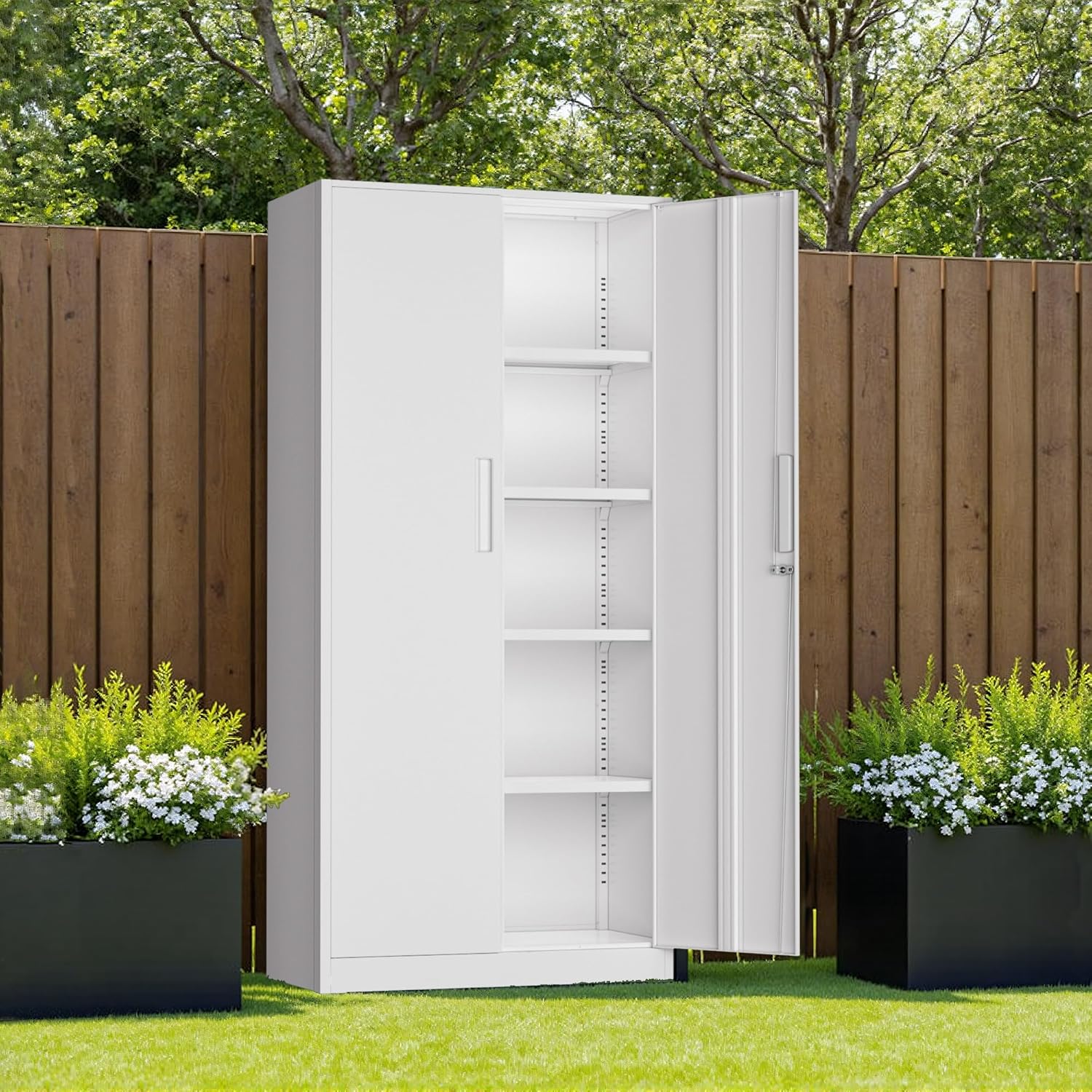 Incbruce 72" H x16 D Patio Metal Storage Cabinet, Outdoor Storage Cabinet with Doors and Adjustable Shelves, Tool Shed for Home, Patio, Office (White)