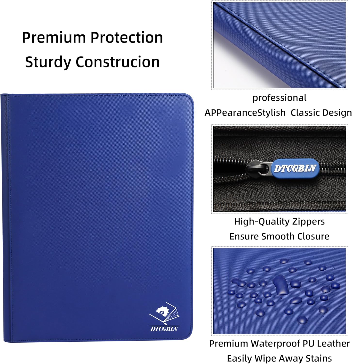 Premium Trading Card Binder for PKM TCG MTG Cards,Holds 1000+ Cards,16 -Pocket Ringless Side Loading Binder with Zipper Trading Card Album Folder for TCG - Blue 2 Pack