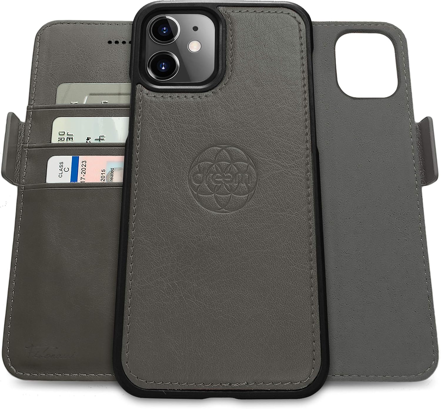Dreem Fibonacci 2-in-1 Wallet Case for Apple iPhone 12 Mini - Luxury Vegan Leather, Magnetic Detachable Shockproof Phone Case, RFID Card Protection, 2-Way Flip Stand - Grey
