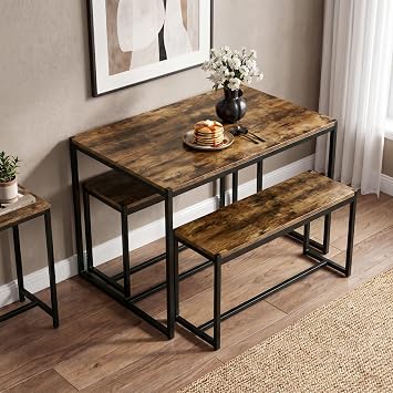 Blisswood Dining Table Set, 110cm Wooden Kitchen Table with 2 Benches, Industrial Design Space Saving 4 Seater Dining Table Set with Metal Frame for Small Spaces, Dining Room, Home & Apartment, Rustic