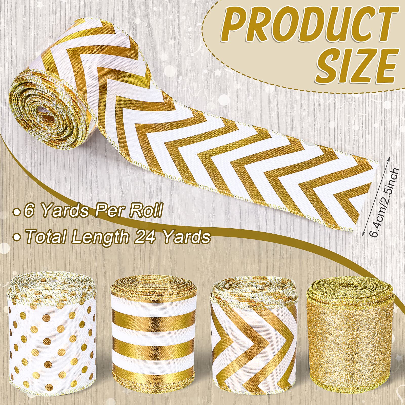 Amazon.com: Waydress 4 Rolls 24 Yards Gold Wired Ribbon 2.5 Inch  display picture 1