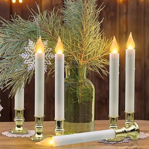 Miniatura 6 de FURORA LIGHTING Velas LED cónicas blancas con soportes dorados, paquete de 6 con temporizador de 519, elegante brillo sin llama para decoración del