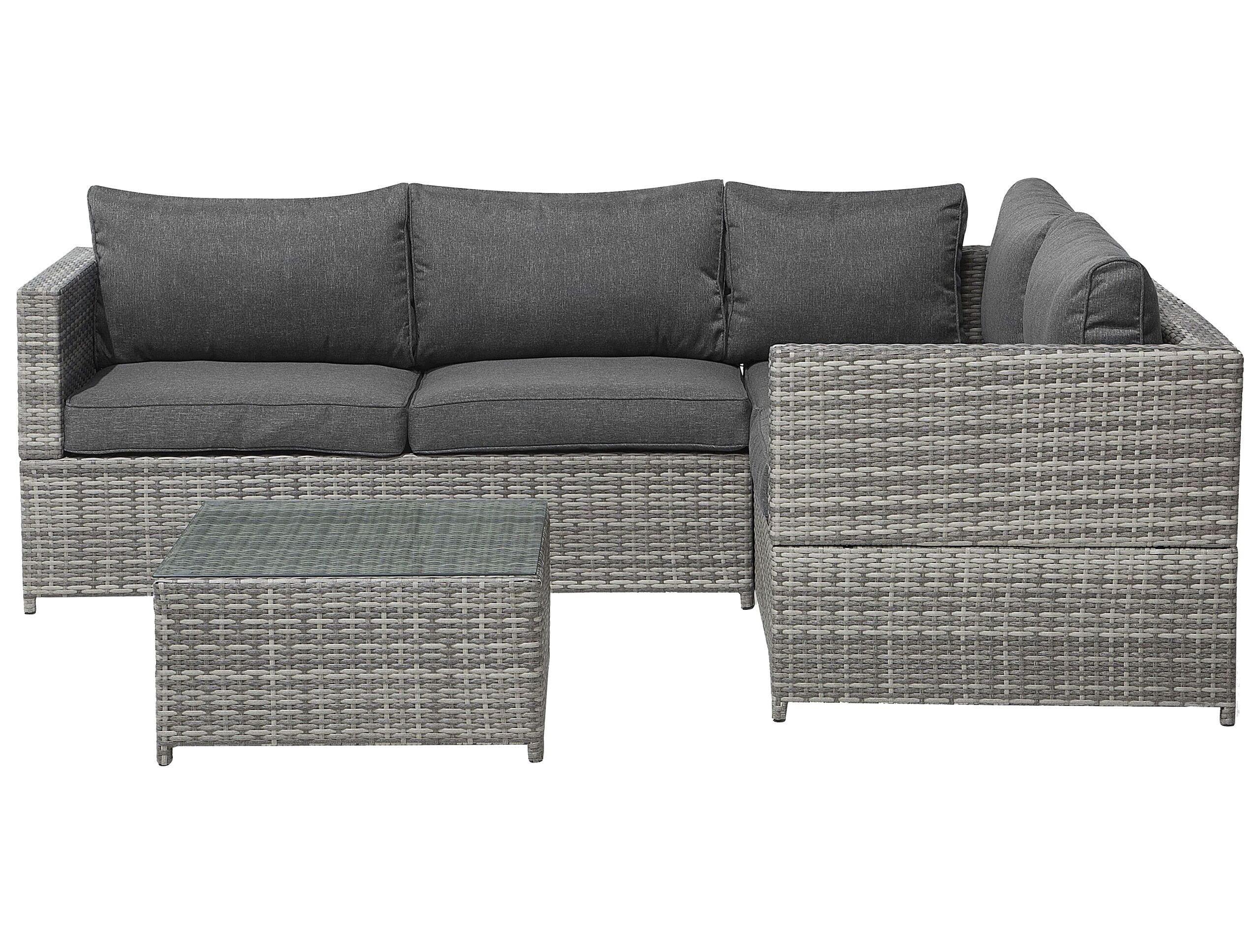 4-Sitzer Lounge Set Rattan grau Ecksofa mit Tisch Auflagen dunkelgrau Avola
