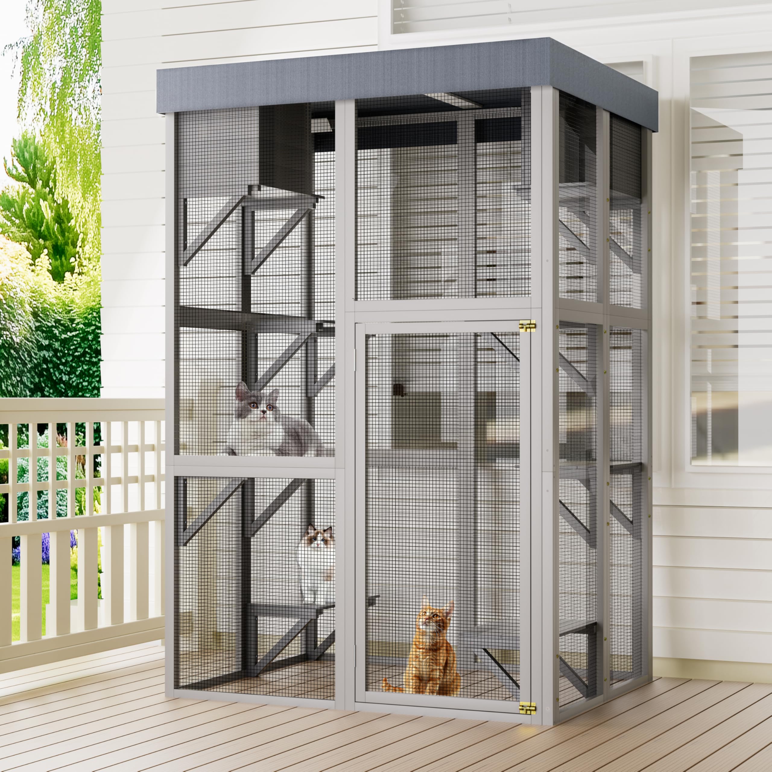 Outdoor Wooden Catio Cat House,Large Cat Enclosure with 6 Platforms,2 Napping Houses & Removable Waterproof Roof,Solid Wood Playpen Cage for Multiple