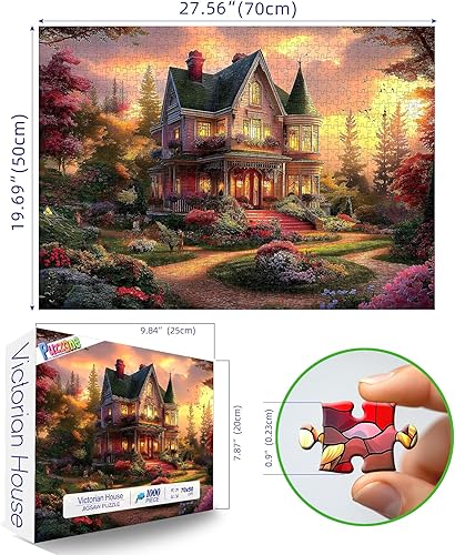 Miniatura 2 de Rompecabezas para adultos de 1000 piezas, rompecabezas de casa victoriana al atardecer para decoración familiar, juego de fiesta, tamaño terminado