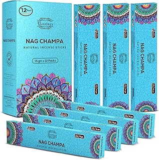 Raajsee Nag Champa Incense Sticks (180 gm), 100% Pure Organic Natural Hand Rolled Free from Chemicals - Nag Champa Incense is Perfect for Aromatherapy, Cleansing, Meditation (Pack of 12)