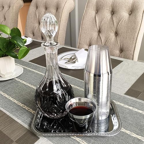 Miniatura 4 de JL Prime 100 vasos de plástico plateados, reutilizables y reciclables de 9 onzas, elegantes vasos transparentes con borde plateado para bodas,