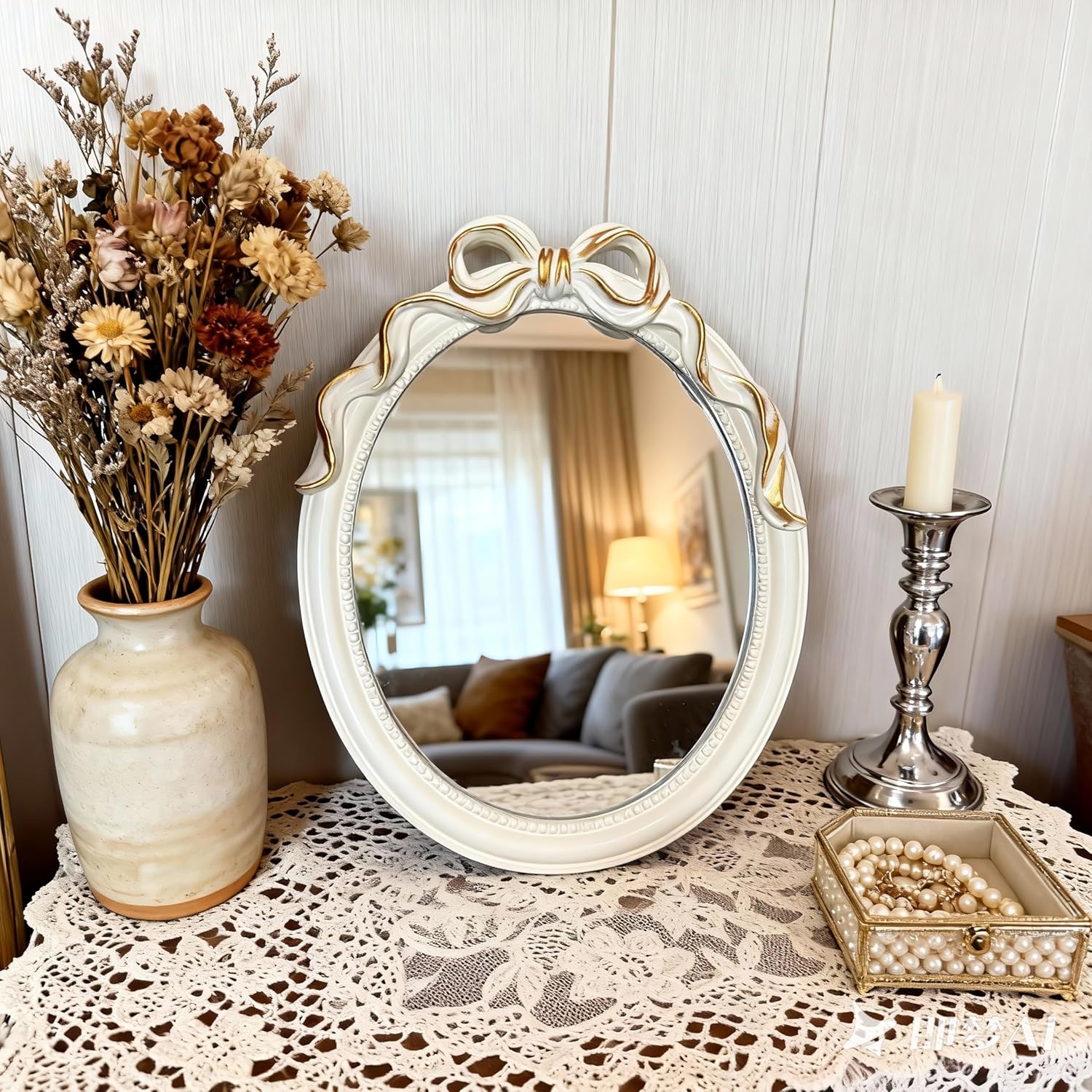 Vintage Vanity Desk Mirror -13x10Inch Wall-Mounted & Tabletop Decorative Ornate Gold Accent Retro Makeup Mirror for Bedroom Dresser Bathroom Living Room Oval
