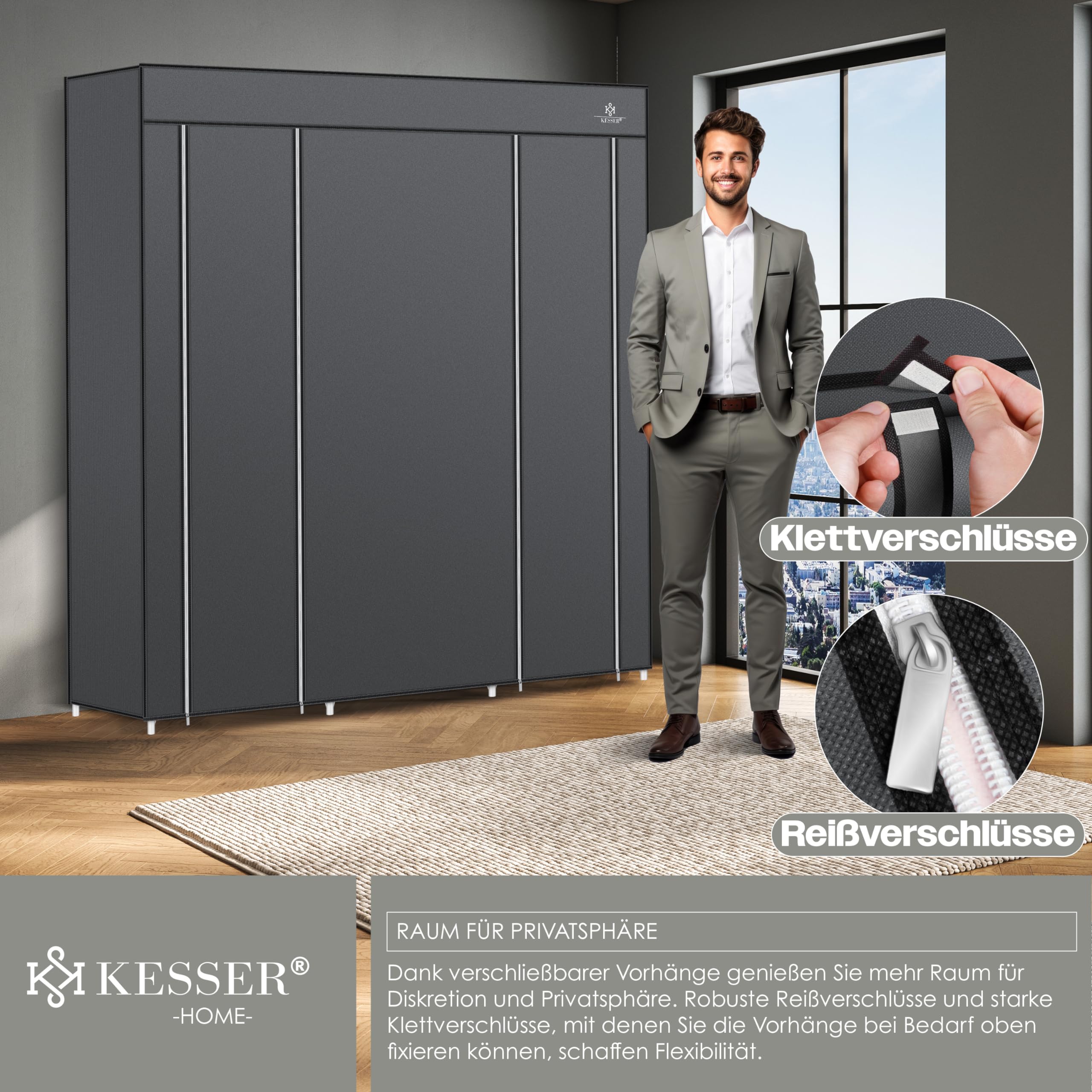 KESSER® Kleiderschrank Stoffschrank Stabil mit Kleiderstange & Ablagen, Inkl. 5X Kleiderbügel, Stoff Faltschrank für Schlafzimmer, Ankleidezimmer Garderobe mit Kleiderständer 150x45x175cm Anthrazit
