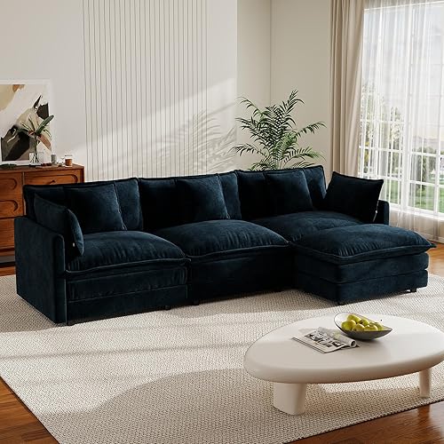 Cloud Sectional Couch, 111.5" L Shaped Deep Seat Chenille Sectional Sofa for Living Room,Comfortable Double Layer Sofa Cushion,Blue