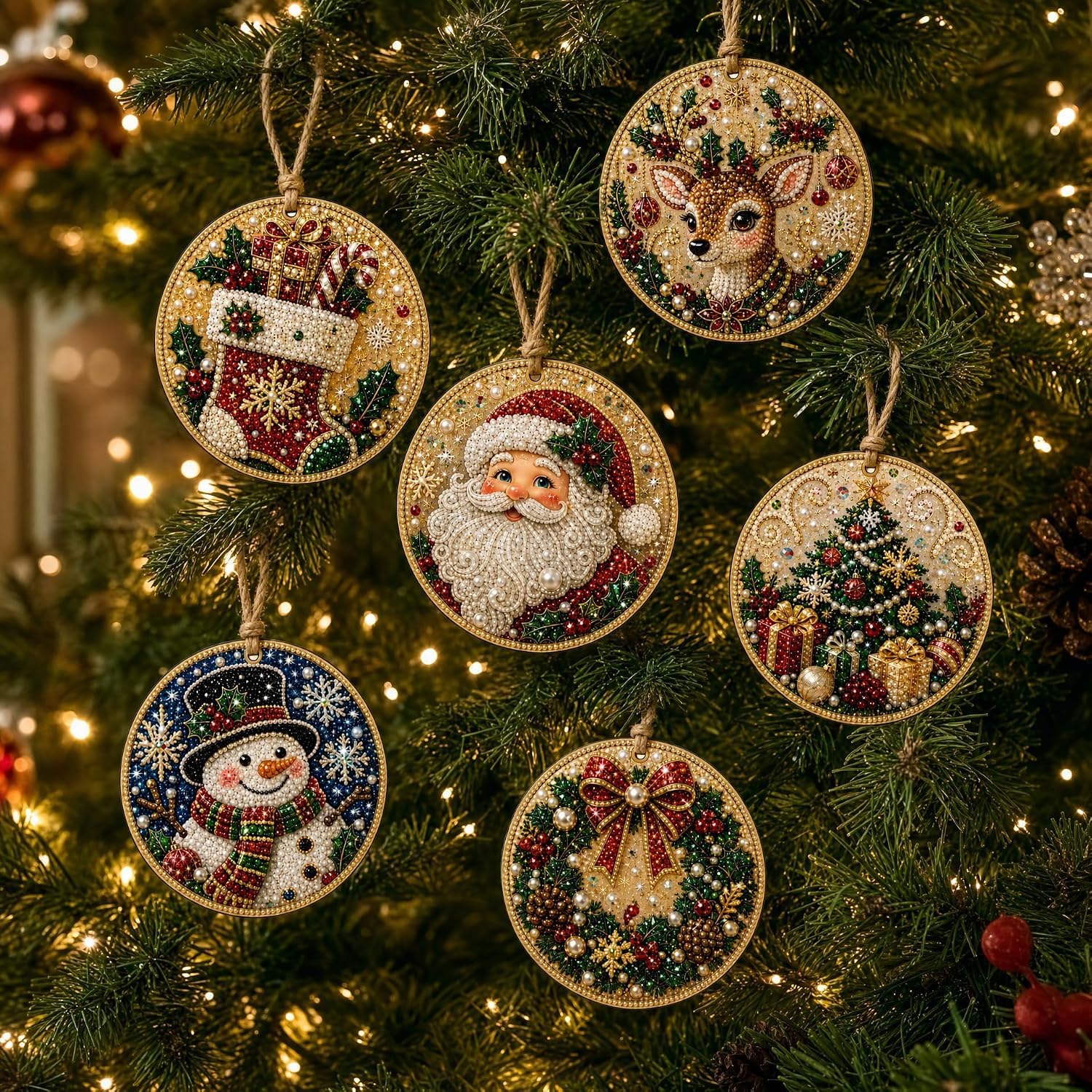 Alloyseed 6PCS Christmas Wooden 3D Pearl Diamond Painting Art Kit (#A) — image 1