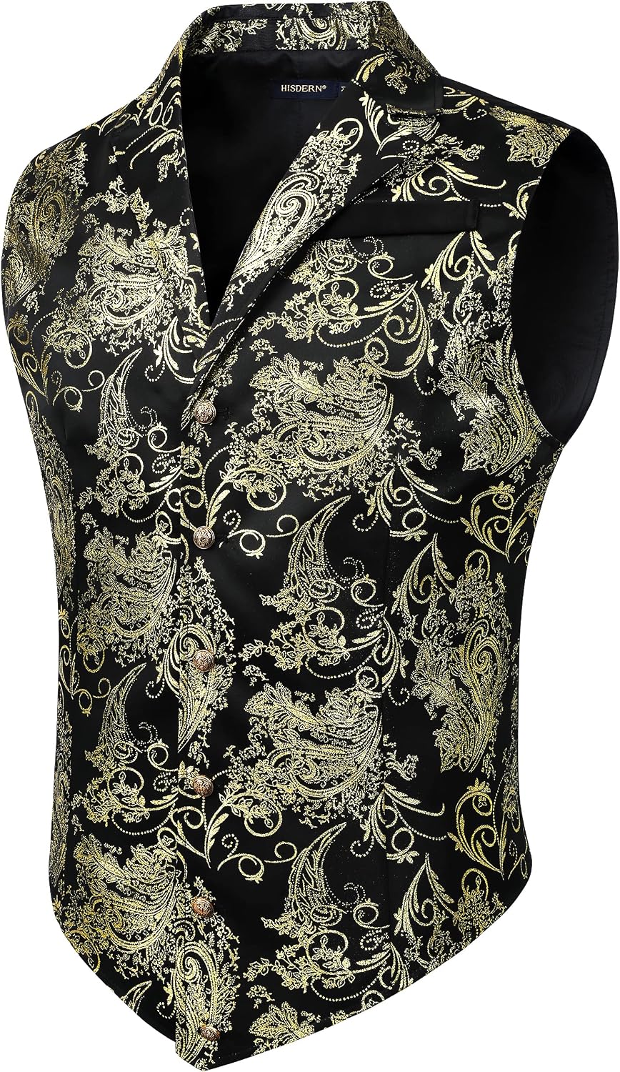 HISDERN Mens Shiny Paisley Suit Vest Victorian Steampunk Gothic Waistcoat for Men Wedding Party Suit or Tuxedo