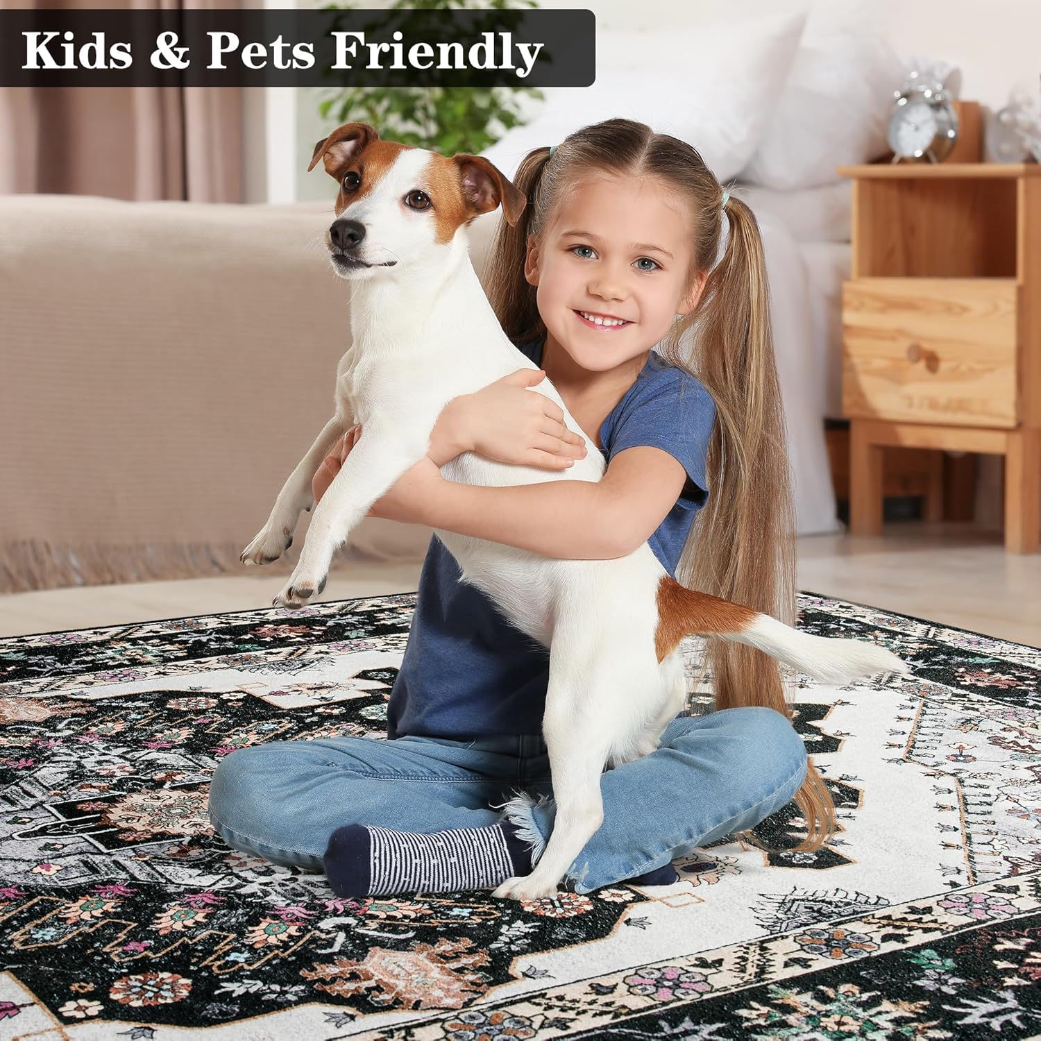 Noahas Black 4x6 Area Rugs for Bedroom, Vintage Machine Washable Rug,Low Pile Print Large Rug with Rubber Backing Non-Slip Carpet for Living Room,Kitchen,Dining Room,Home Office,Home Decor