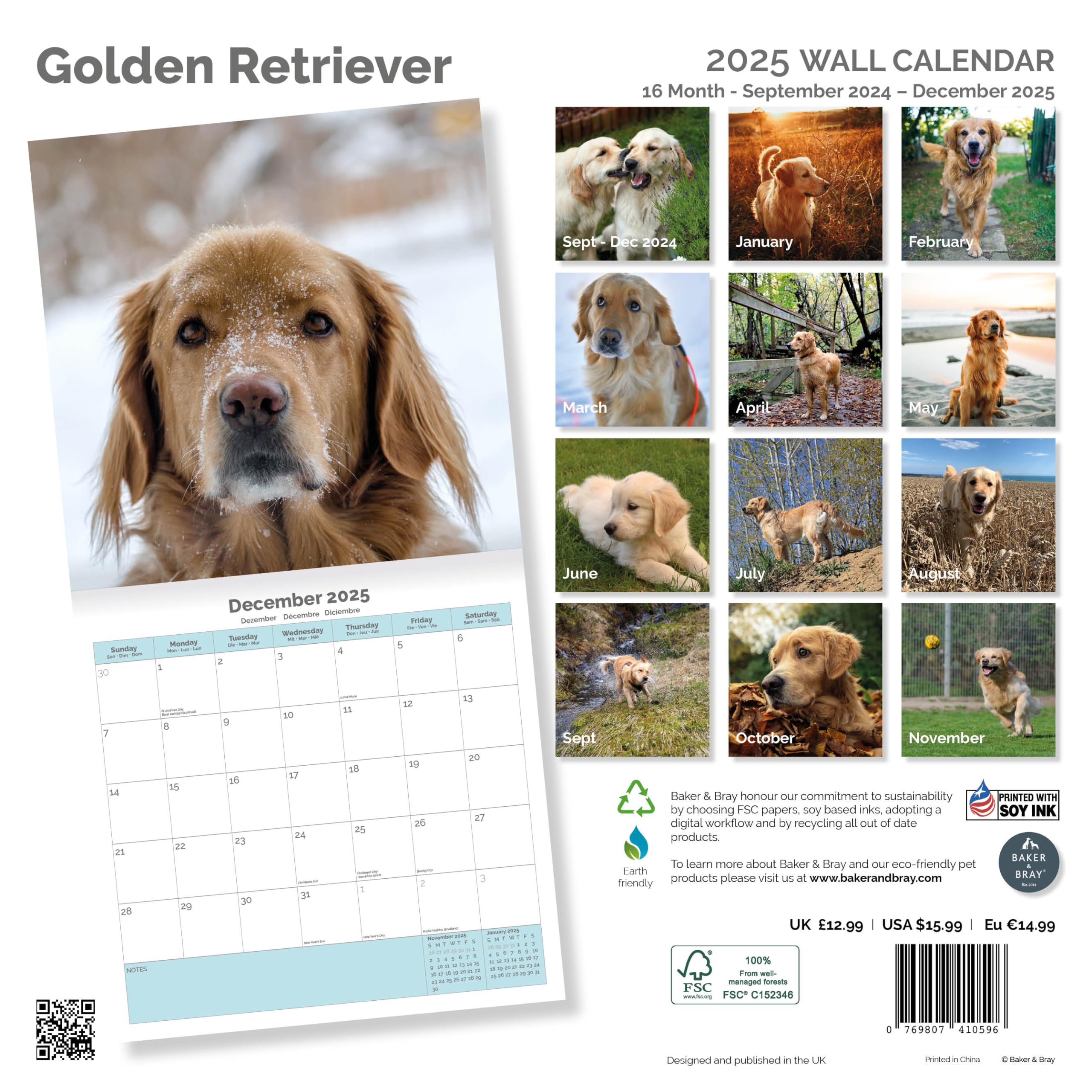 Baker and Bray Golden Retriever Calendar 2026, Large Square Wall Calendar With Organisational Stickers, 16 Month - Image 2
