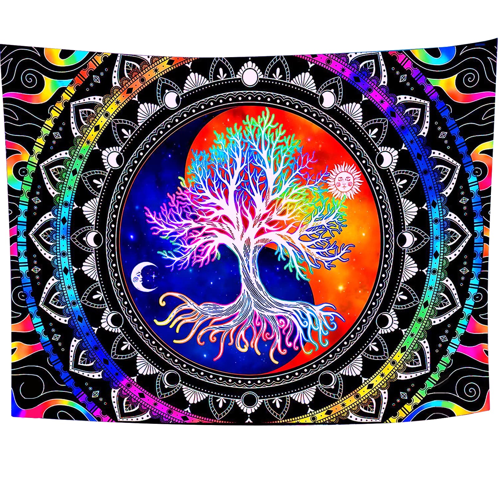 LAKSOL Tapiz de Pared, Tapiz Arbol de la Vida, Reactiva UV Tapiz de Pared Psicodélico, Tapestry Decoración con 3 Ganchos y 2 Clips para el Hogar (150x130 cm)