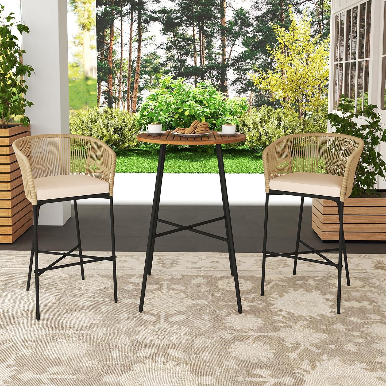Tangkula 3 Pieces Rope Woven Patio Bar Set, Outdoor High Table and Chairs Set with Soft Cushions and Acacia Wood Tabletop, Outdoor Counter Height Bistro Set for Balcony, Garden and Backyard