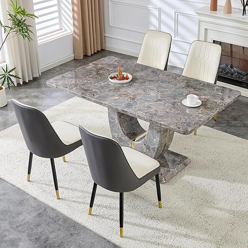 Miniatura 13 de JUFU Juego de mesa de comedor moderno para 6, juego de mesa de cocina de 63 pulgadas con mesa de mármol sintético y 4 sillas tapizadas de piel