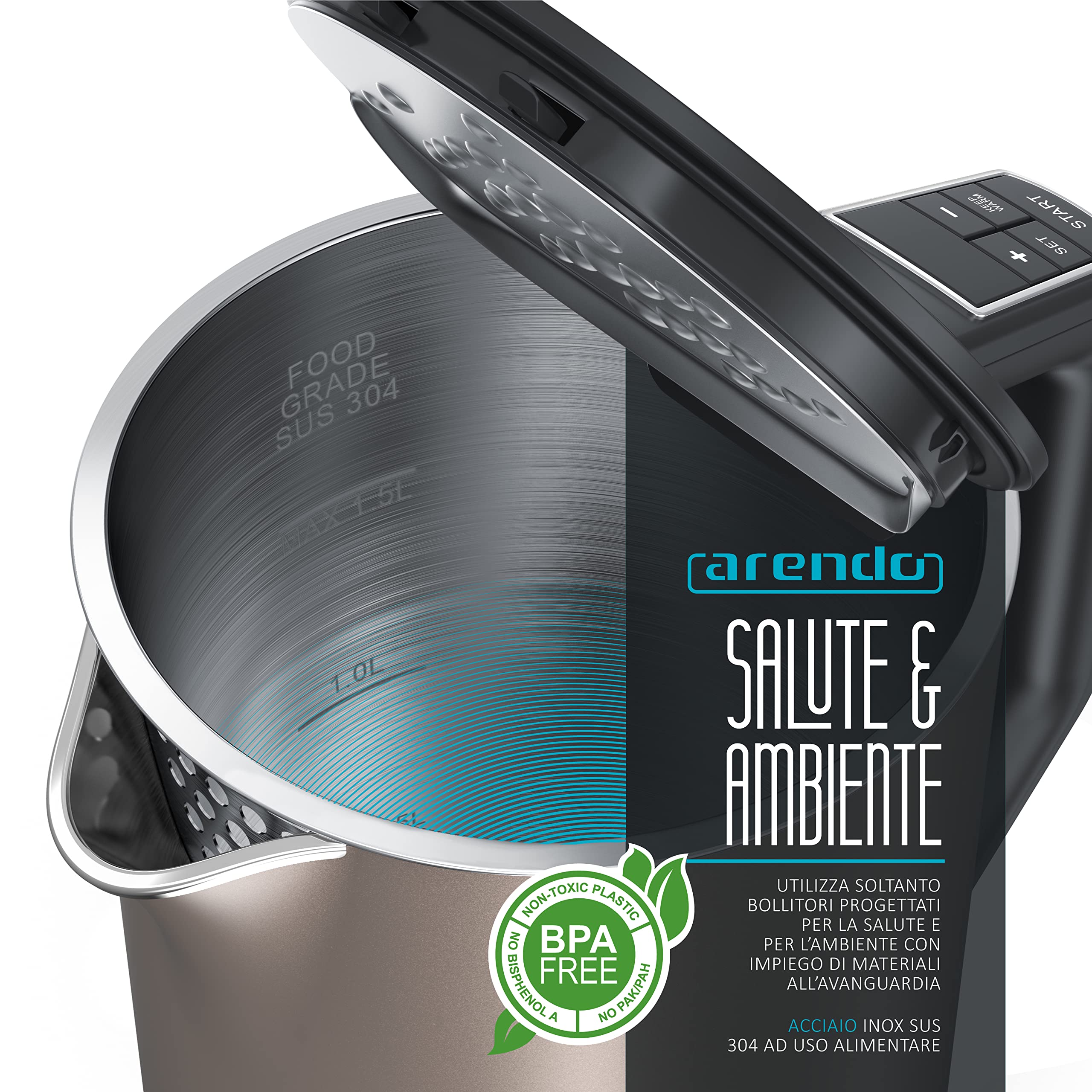 arendo - Bollitore Acqua Elettrico da 1.5L 2200W - Eco Controllo Temperatura - Temperatura Regolabile 40-100°C - Parete Doppia - in Acciaio Inossidabile - Senza BPA - Bronzo