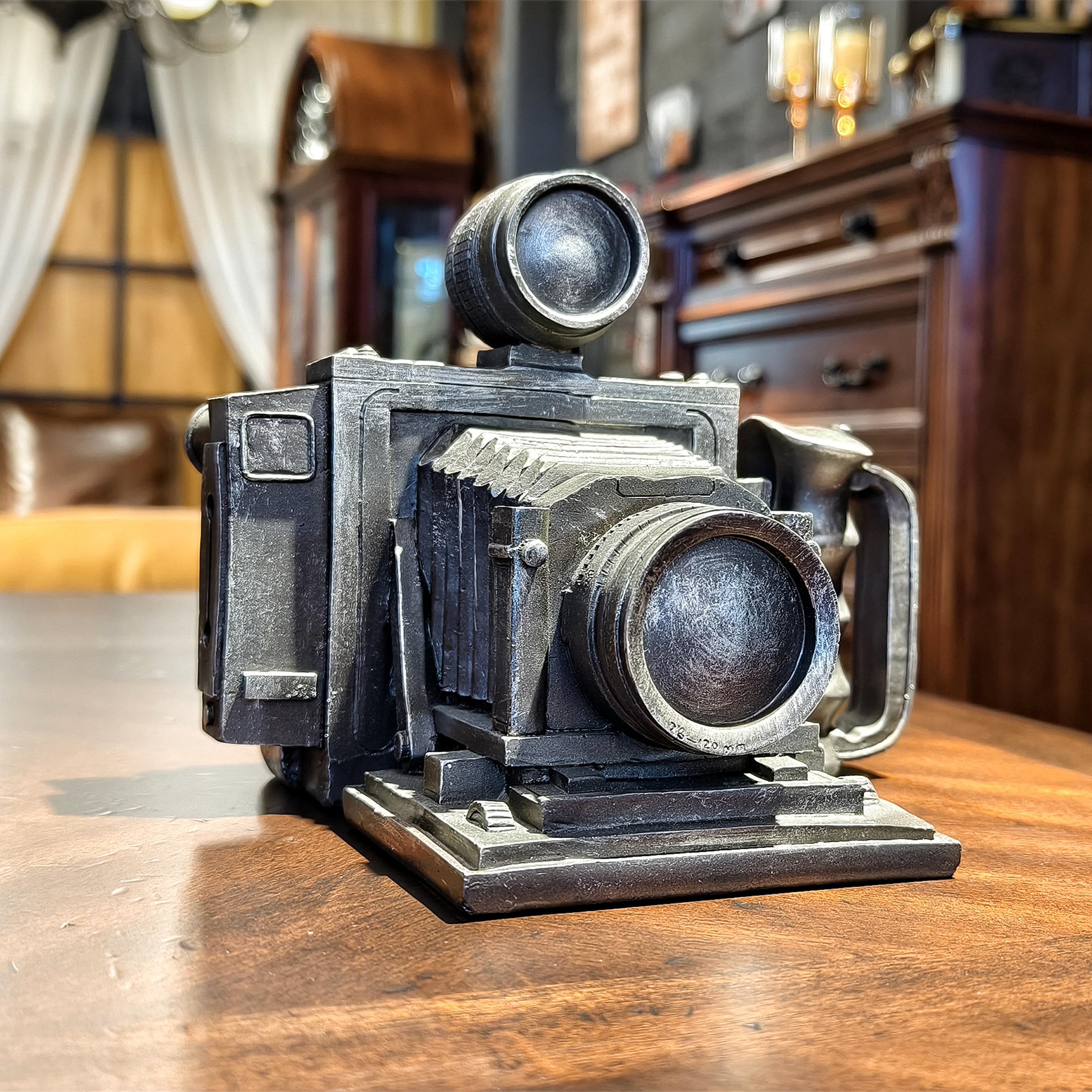 OUTOUR Vintage Camera Model Silver Gray Resin Replica Nostalgic Collectible Statue Piggy Bank Desktop Decor Office Showcase Prop Unique Gift