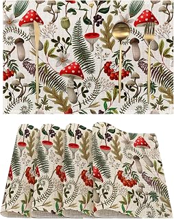 Retro Mushrooms Placemats Set of 4, Herb Plants Place Mats Non-Slip Heat Resistant Washable Placemat for Party Kitchen Dining Table Decoration Indoor Outdoor 12x18 Inch