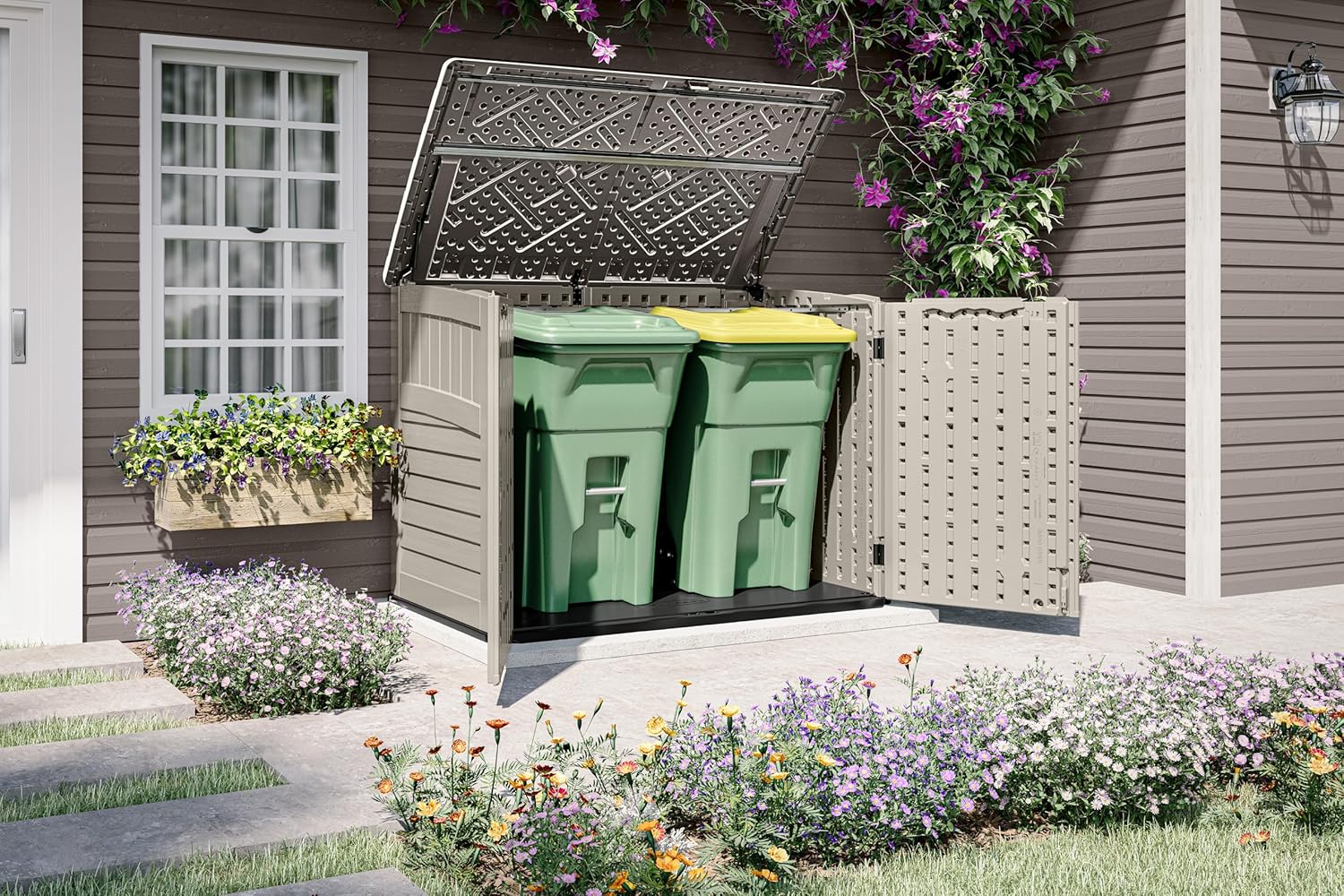 Suncast Horizontal Storage Shed with lid open, storing two large trash cans