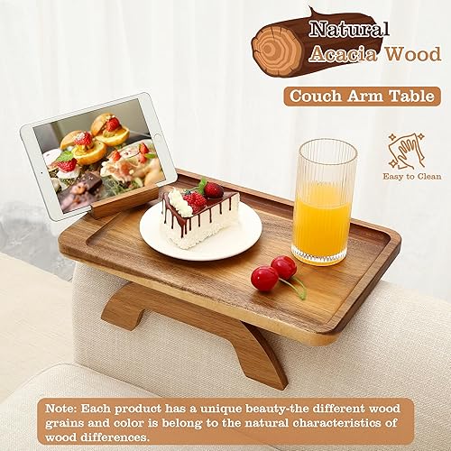 Miniatura 2 de Bandeja de brazo de sofá, mesa plegable con soporte giratorio de 360, bandeja de sofá de bambú para bebidas, aperitivos, frutas