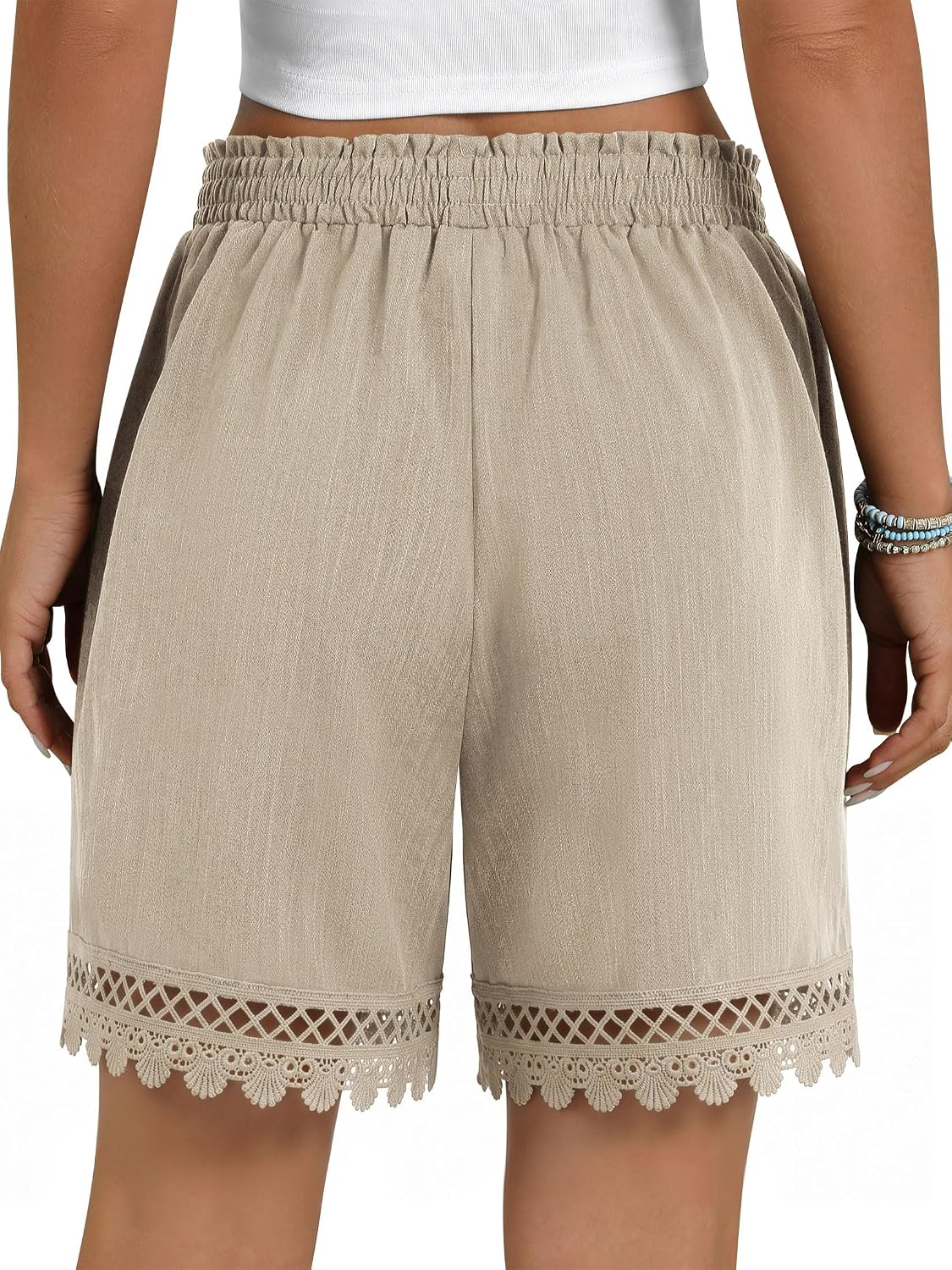 Womens Lace Trim Summer Casual Shorts for Women Beach Vacation Lace Hem Loose Wide Leg with Pockets Ruffle Elastic High Waist
